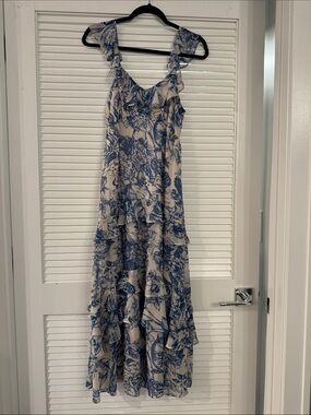 Lucy Paris Blue and Cream Floral Ruffle Maxi Dress